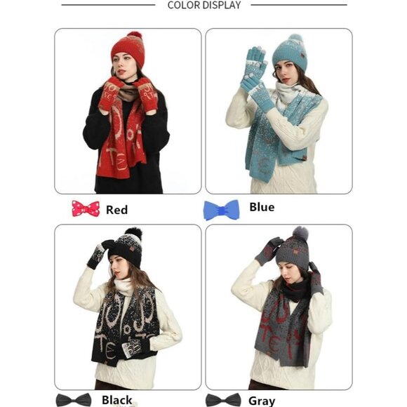 Women's Wine Red Winter Warm Skull Caps Knit Gloves Beanie Neck Scarves 3 Set - Picture 5 of 6